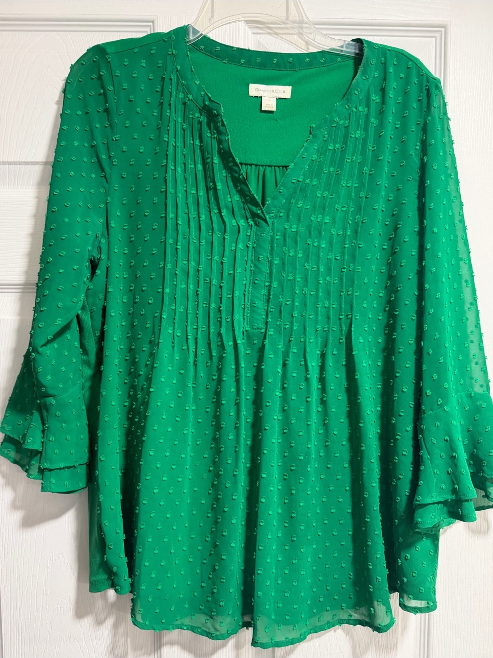 Charter Club Emerald Green Blouse with Swiss Dot Sheer Sleeves